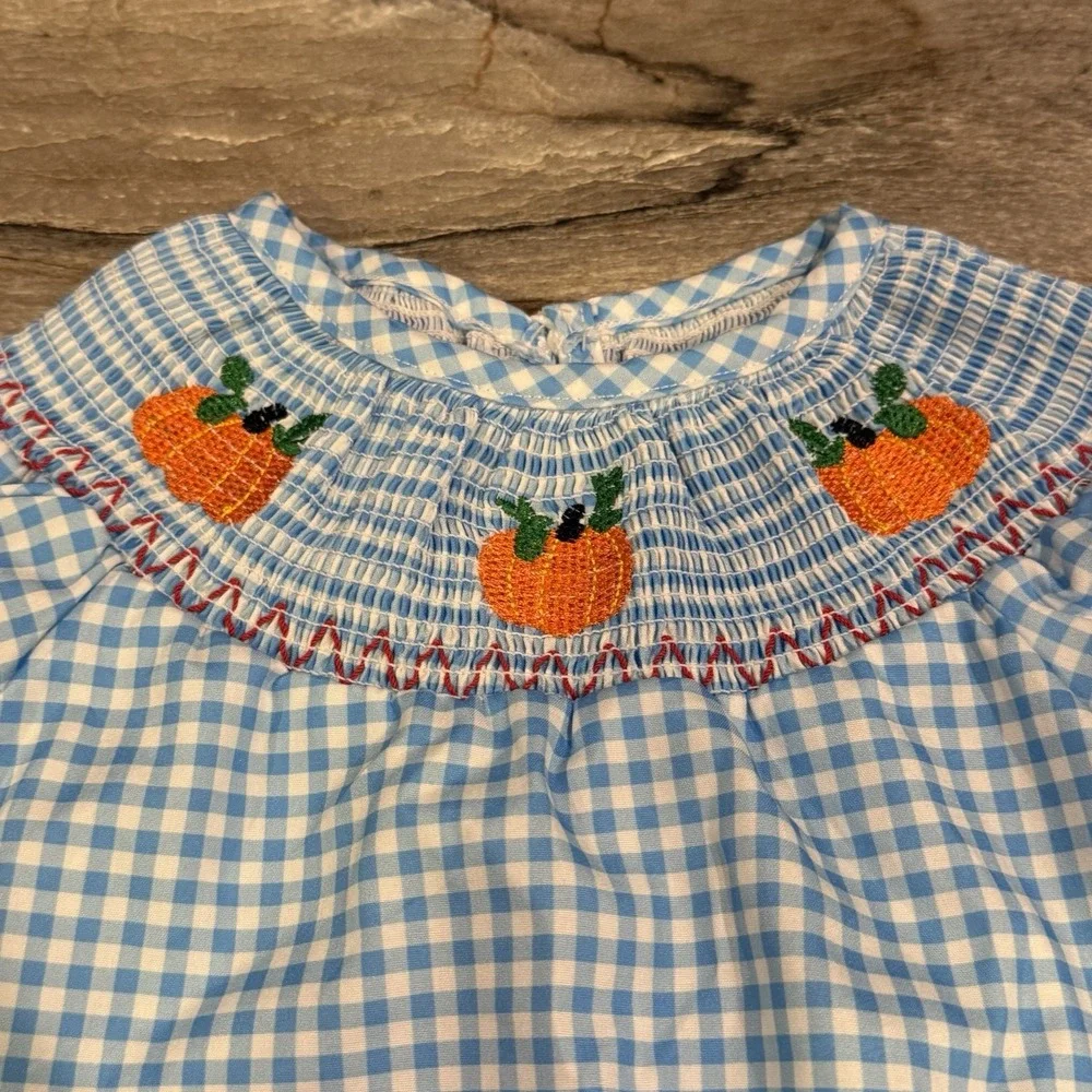 Boutique Pumpkin Smocked Baby Girls Blue Gingham Bubble Romper Fall Pumpkin